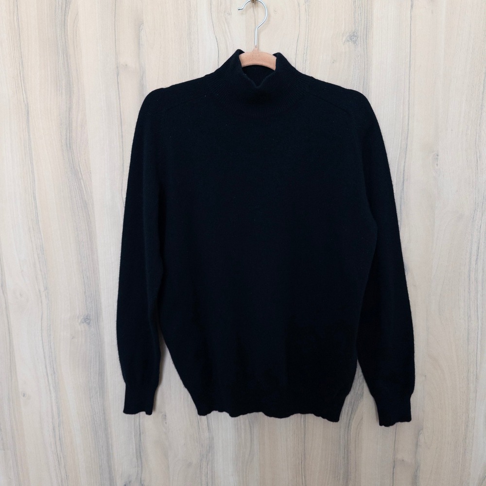 Vintage Mens 100% Cashmere Sweater M Black Mock Neck Quiet Luxury Preppy